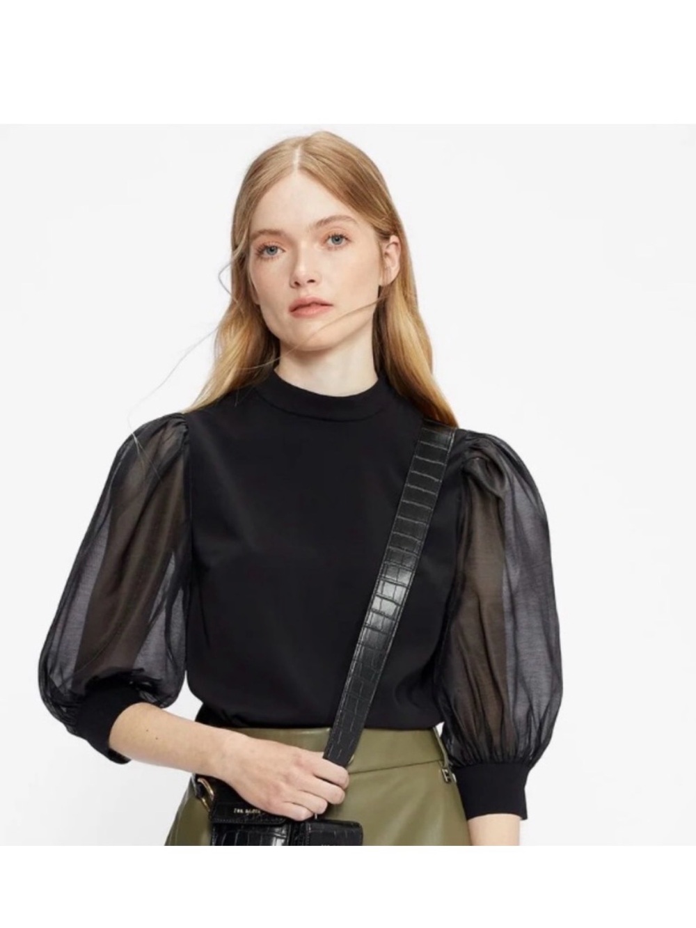 Ted Baker London Black Puff-Sleeve Sheer Top